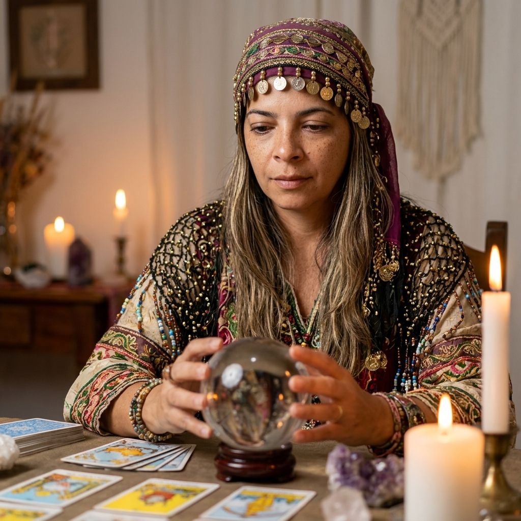 Taróloga Anastasia em atendimento com esfera